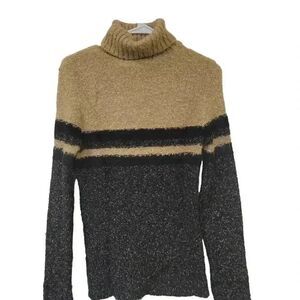 Y London Women's Tan/Black Striped Acrylic/Poly/Alpaca Turtleneck Sweater